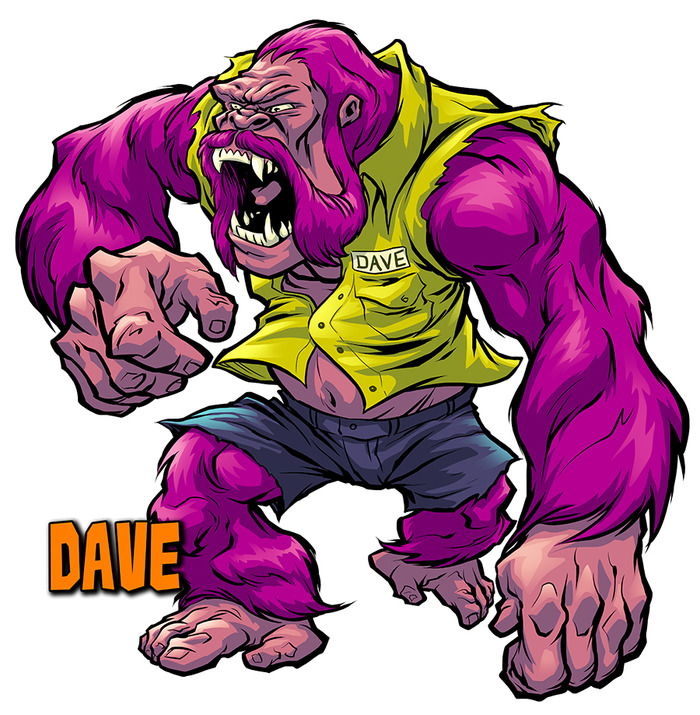 Giant purple Ape monster named Dave with handlebar mustache for Big Angry Monsters