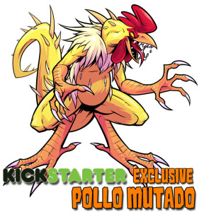 Monster artwork of mutated chicken with sharp razor talon hands and large tail called Pollo Mutado for Kickstarter