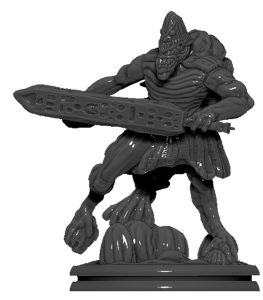 Grey plastic sword-wielding miniature of Atturnuk the Brutal for Chaosmos board game