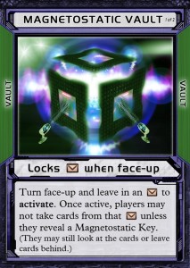 Equipment card of cubic Vault that reads Locks when Face Up from board game Chaosmos