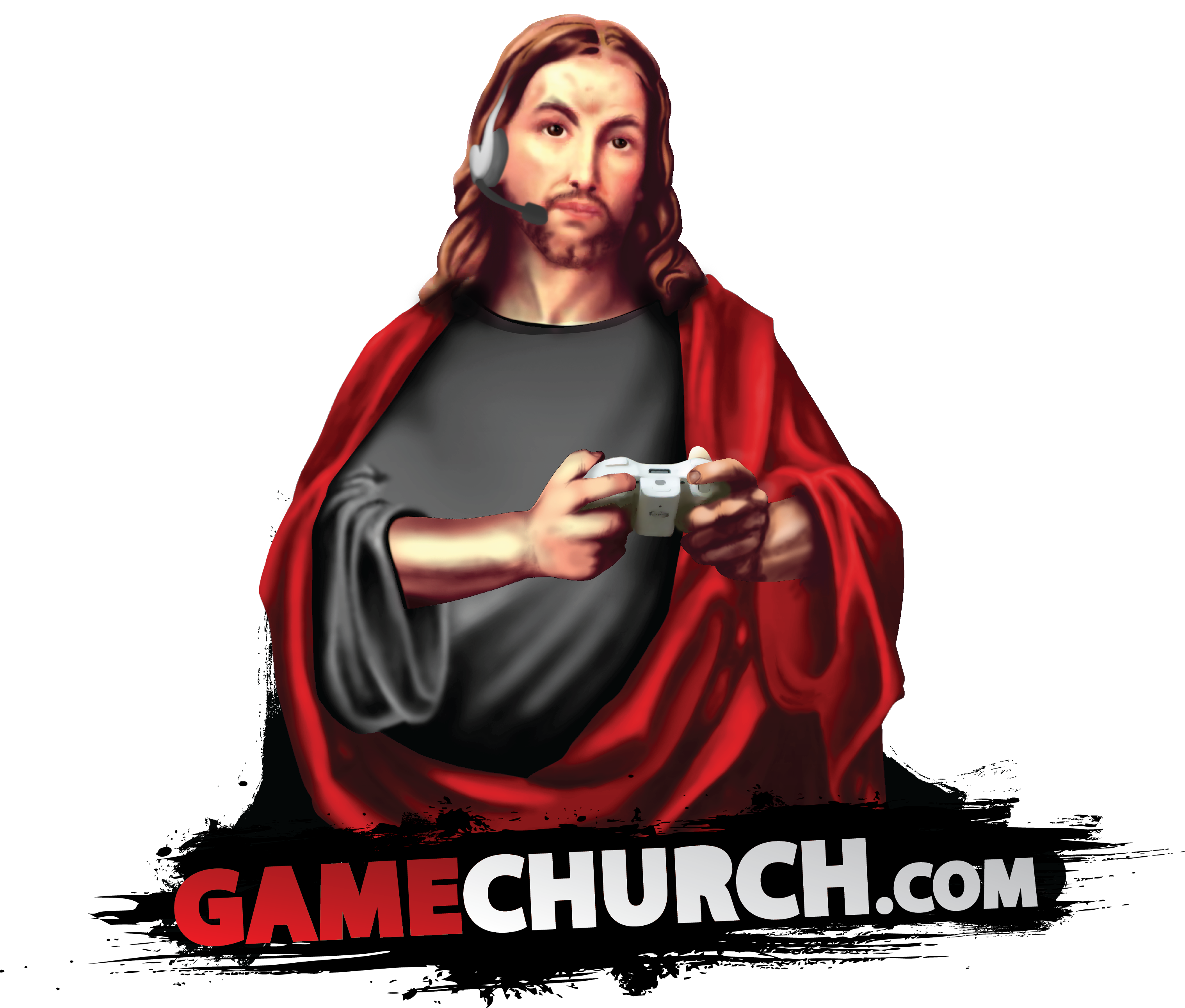 Depiction of Jesus Christ playing console video game for Gamechurch.com